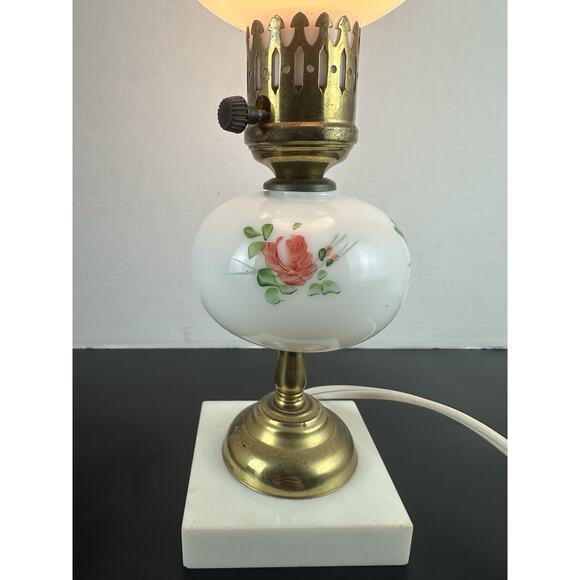 Vintage Hurricane Lamp Painted Milk Glass With Marble Base Shabby Chic - Picture 4 of 9